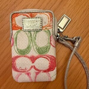 Coach Signature Pattern Mini Wristlet with Pink and Green Accents